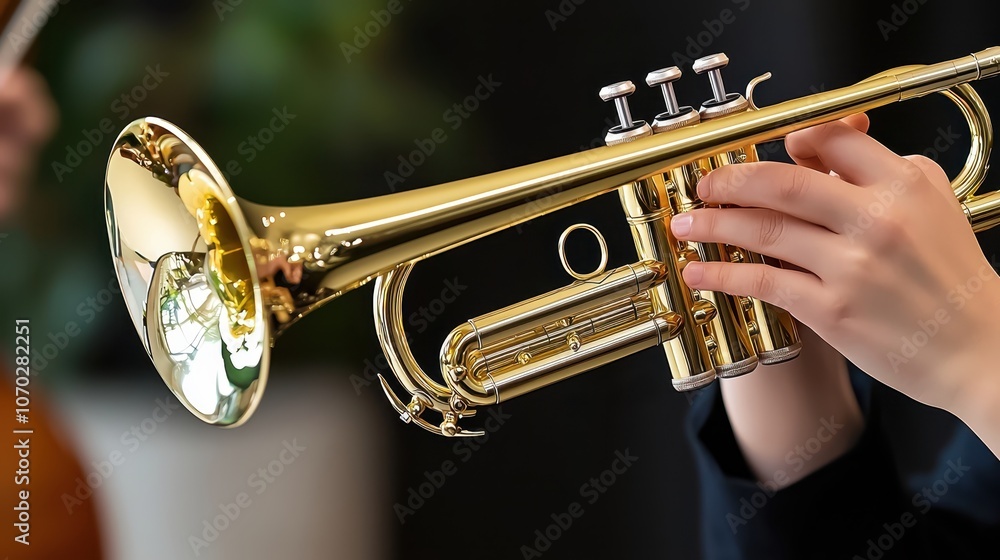 Obraz premium A close-up of a person holding a shiny golden trumpet, showcasing its intricate details and reflecting light, with a blurred background of greenery.