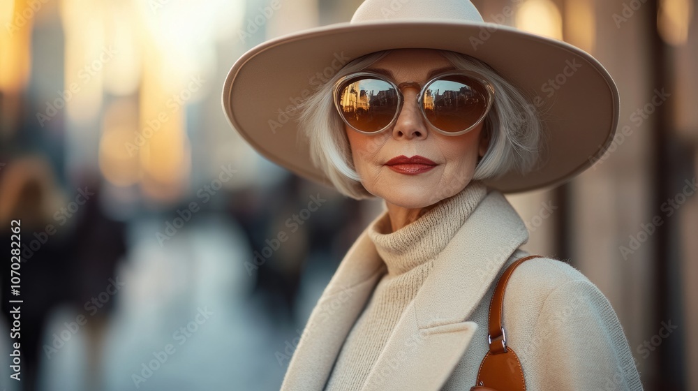 Stylish elderly woman wearing a wide-brim hat and sunglasses walks through a bustling city street during golden hour in autumn, showcasing elegance and sophistication against the urban backdrop Stylish elderly woman wearing a wide-brim hat and sunglasses walks through a bustling city street during golden hour in autumn, showcasing elegance and sophistication against the urban backdrop