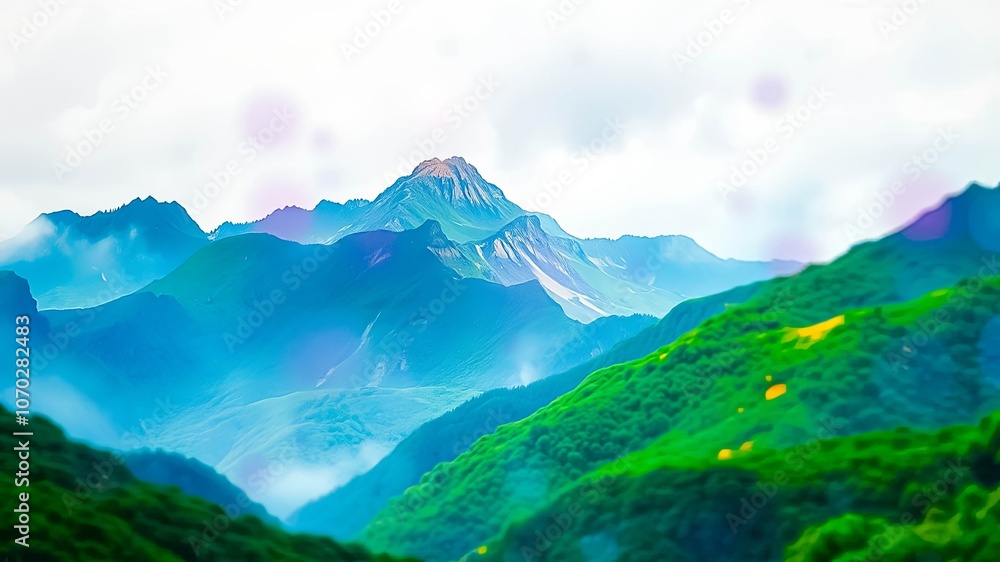 Fototapeta premium A Gentle Mist Envelops a Majestic Mountain Range, Its Peaks Rising Above a Sea of Green Foliage