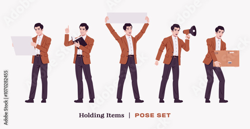 Handsome businessman wearing brown blazer suit jacket holding items set. Confident modern office, casual street look daily wear, dating, prom party, ceremony, business work. Vector illustration