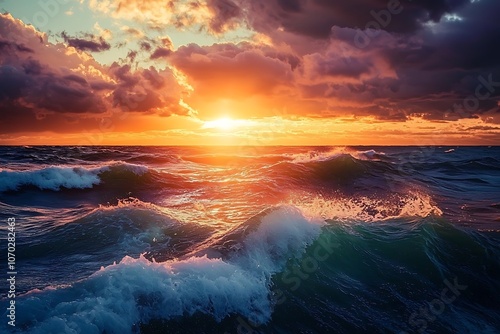 Breathtaking sunrise over the ocean, showcasing the interplay of light and water.