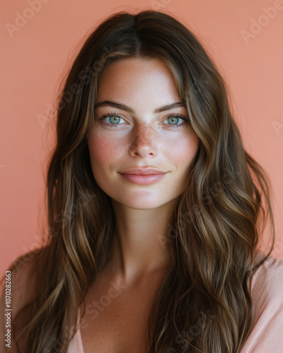 A close-up portrait of a woman with long hair, looking directly at the camera with a pastel coral background.