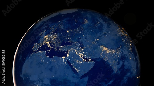 Fototapeta Naklejka Na Ścianę i Meble -  Planet earth photo at night on black background, City Lights of Africa, Europe, and the Middle East from space, World map at night, HD satellite image. Elements of this image furnished by NASA.