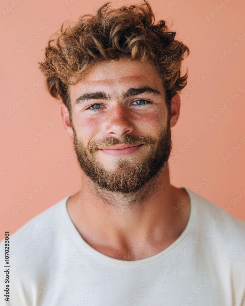 A close-up portrait of a young man with a light beard, smiling warmly against a pastel peach background. A close-up portrait of a young man with a light beard, smiling warmly against a pastel peach background.