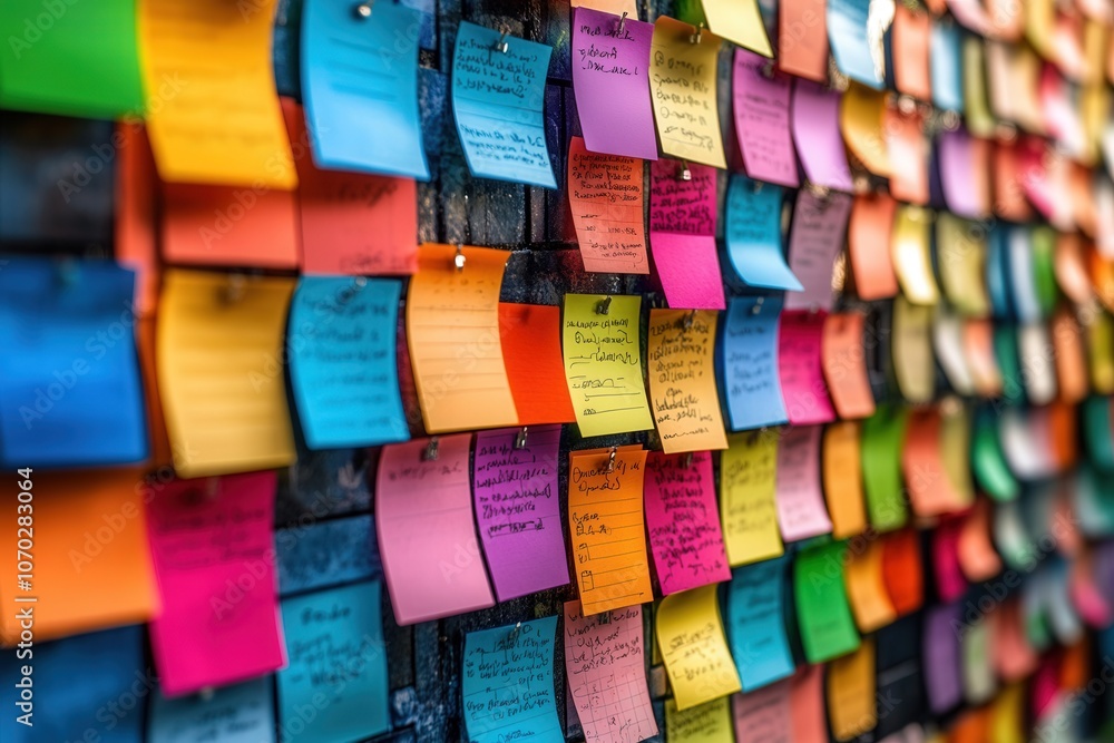 many colorful sticky notes on the wall. many colorful sticky notes on the wall.