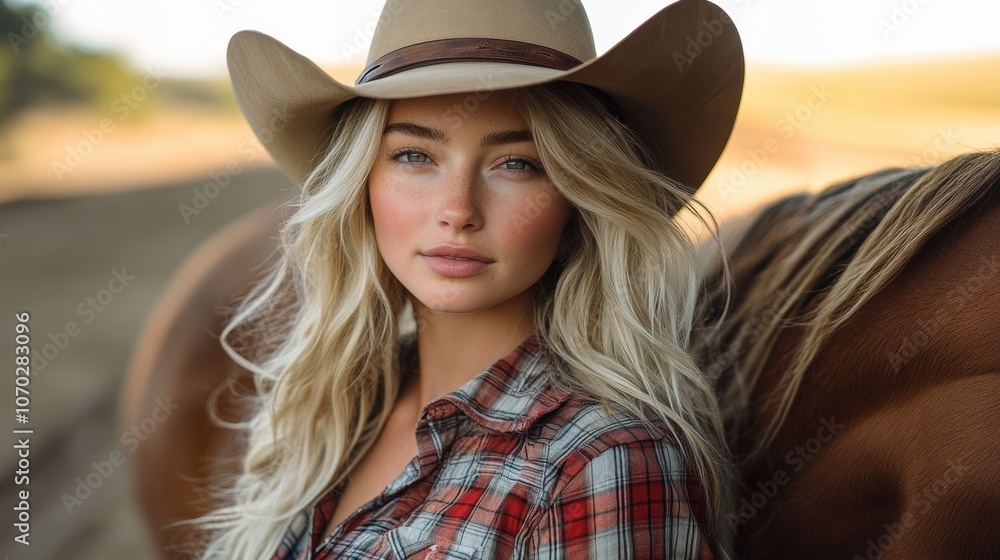 A young blonde woman in a plaid shirt and cowboy hat, standing next to a horse. A young blonde woman in a plaid shirt and cowboy hat, standing next to a horse.