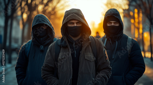 Group of masked young mobsters with bats