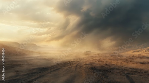 A dusty landscape after a storm has passed, with the air still thick with particles.