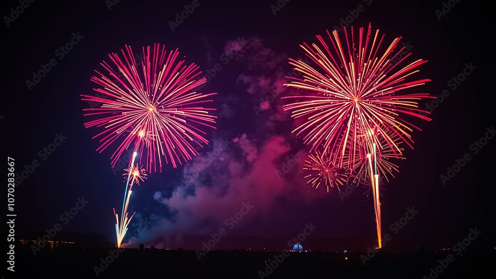 Brilliant red and gold fireworks illuminate the night sky above a distant silhouetted crowd, creating a majestic spectacle of light and celebration. Brilliant red and gold fireworks illuminate the night sky above a distant silhouetted crowd, creating a majestic spectacle of light and celebration.