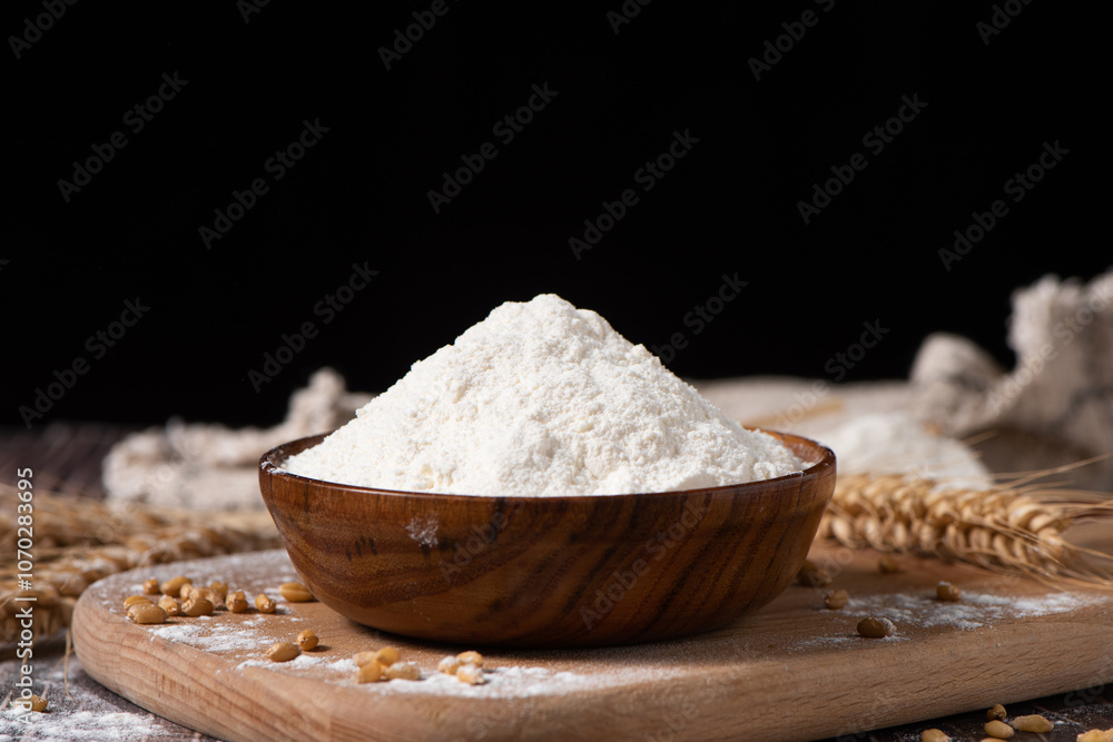 wheat flour and wheat ears on wooden table wheat flour and wheat ears on wooden table