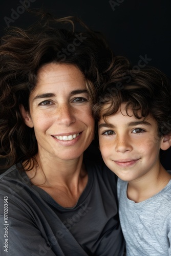 Portrait of a smiling woman and young boy featuring close, warm expressions of affection in a simple indoor setting during daylight