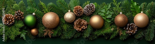 A festive arrangement of green foliage, pinecones, and shimmering ornaments, perfect for holiday decoration.