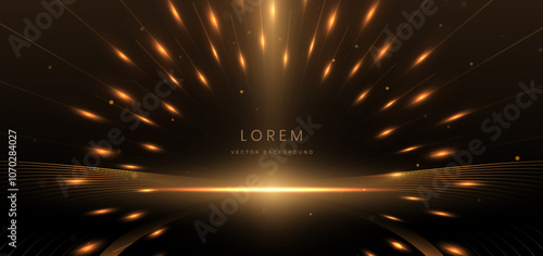 Abstract elegant gold glowing line with lighting effect sparkle on black background.