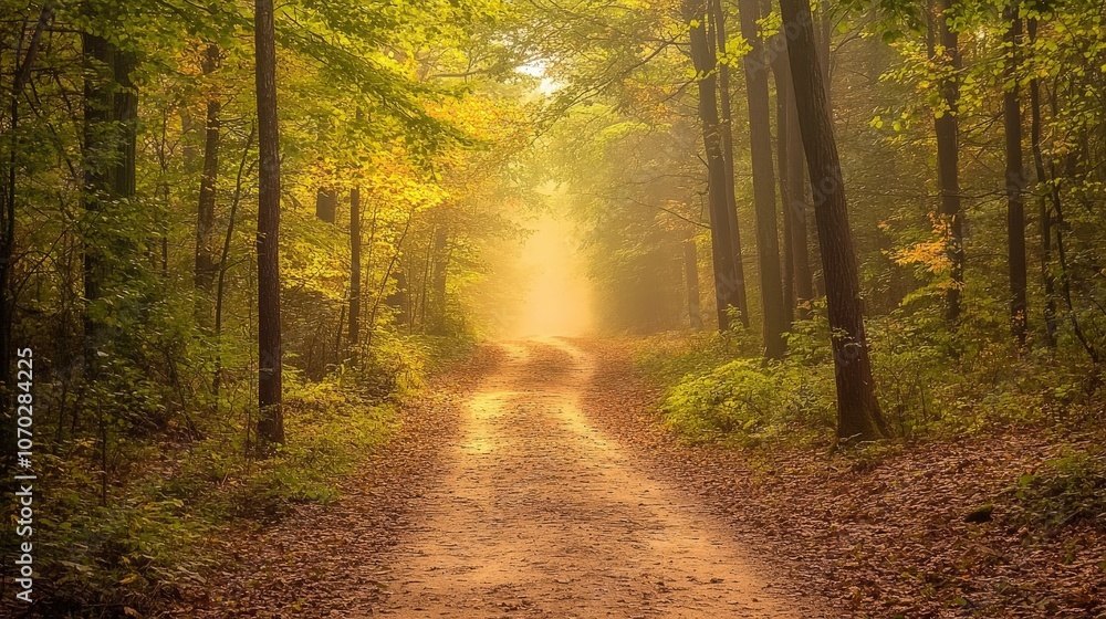 Fototapeta premium A dusty trail through a forest, where the earth is dry and cracked. The leaves on the trees rustle gently in the breeze, and the dust rises with every step