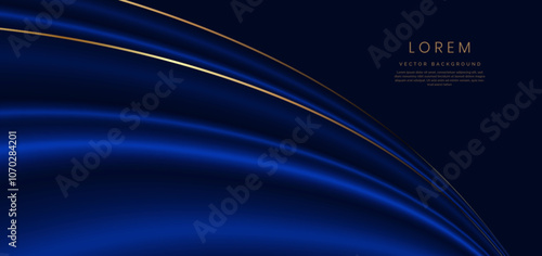 Abstract elegant blue curve and gold line with lighting effect sparkle on blue background.