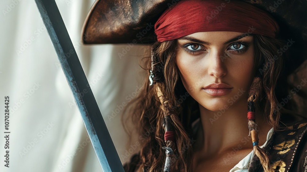 Fototapeta premium Portrait of a confident pirate woman wielding a sword and dressed in historical attire against a neutral backdrop
