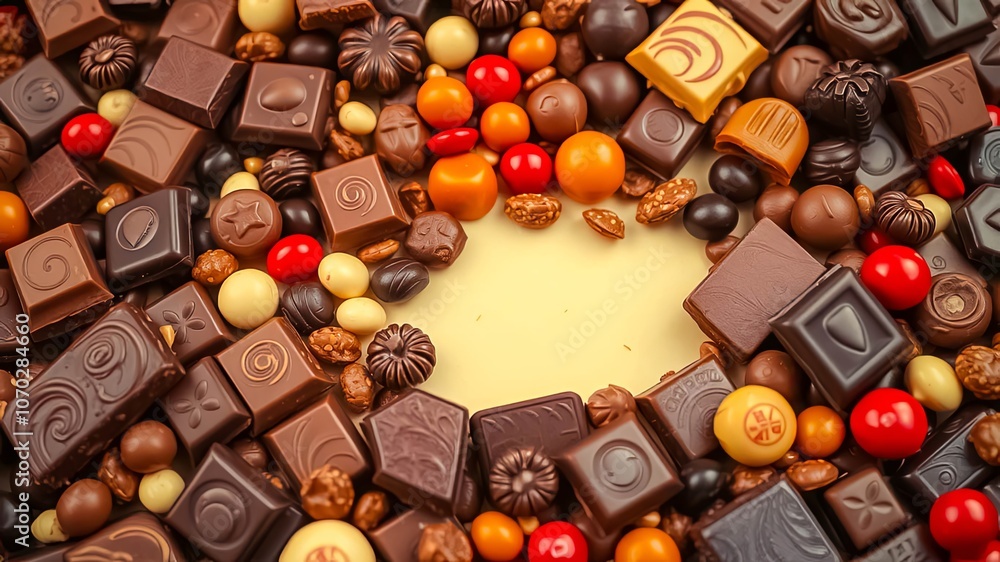 Aromatic Delights A Tempting Array of Chocolate Squares, Round Candies, and Nutty Delights Frame a Blank Canvas for Indulgent Creativity Aromatic Delights A Tempting Array of Chocolate Squares, Round Candies, and Nutty Delights Frame a Blank Canvas for Indulgent Creativity