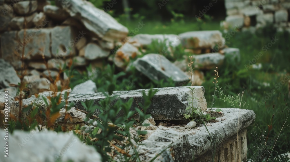 Weathered stone ruins shrouded by green vegetation evoke a sense of forgotten history and the persistent, quiet strength of nature reclaiming its space. Weathered stone ruins shrouded by green vegetation evoke a sense of forgotten history and the persistent, quiet strength of nature reclaiming its space.