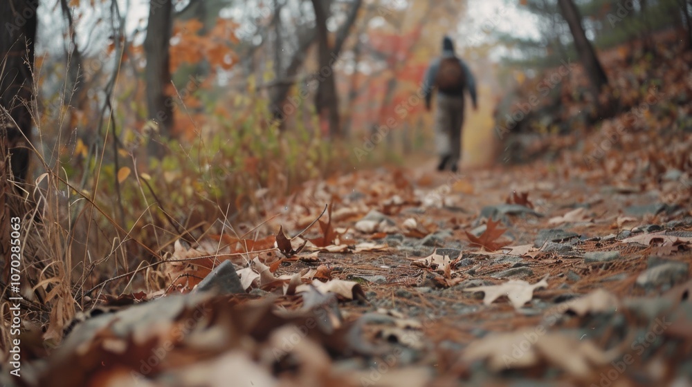 A lone hiker wanders a quiet forest path lined with fallen leaves, as the essence of autumn envelops the atmosphere. A lone hiker wanders a quiet forest path lined with fallen leaves, as the essence of autumn envelops the atmosphere.