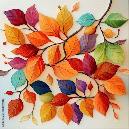 Vibrant Autumn Leaves in Paper Art Style with Multicolored Foliage on Light Background.