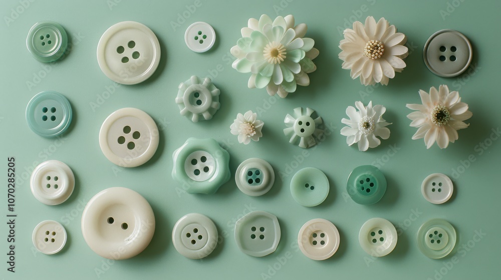 Fototapeta premium Mint green buttons with floral designs artistically arranged against a matching backdrop, creating a soothing and charming visual symmetry.