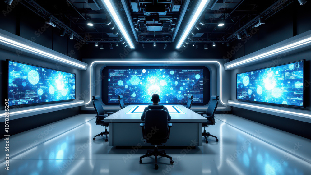 Naklejka premium Futuristic control room with integrated AI system.