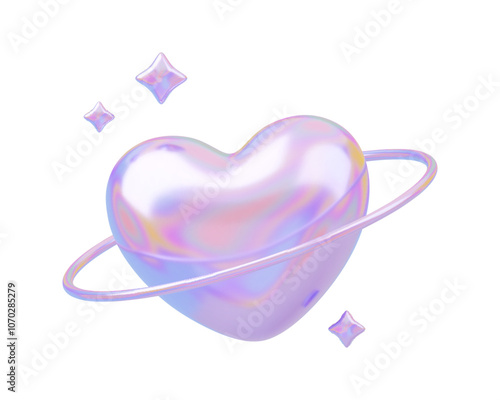 3D holo planetary heart with rings and stars. Galaxy love planet, romantic futuristic shape with chrome elements. Shiny metallic love retro concept. Vector illustration on white background