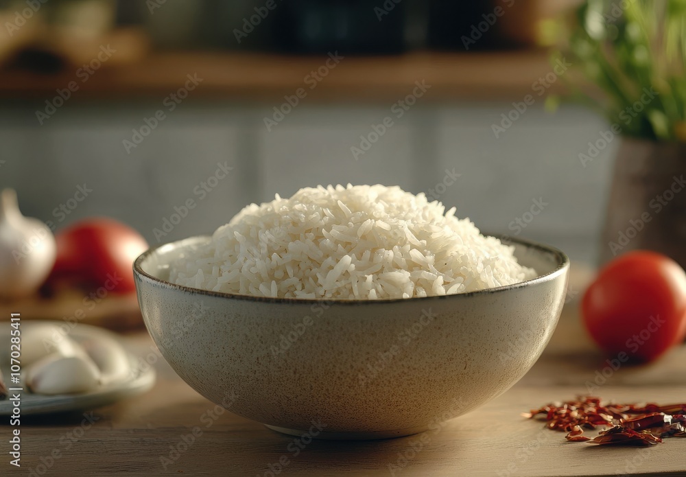 A bowl of white rice is sitting on a wooden table. The bowl is filled with rice and there are a few tomatoes and garlic nearby A bowl of white rice is sitting on a wooden table. The bowl is filled with rice and there are a few tomatoes and garlic nearby