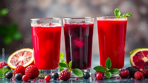 Refreshing berry and citrus drinks with ice in tall glasses, garnished with fresh mint leaves, surrounded by fresh fruit photo