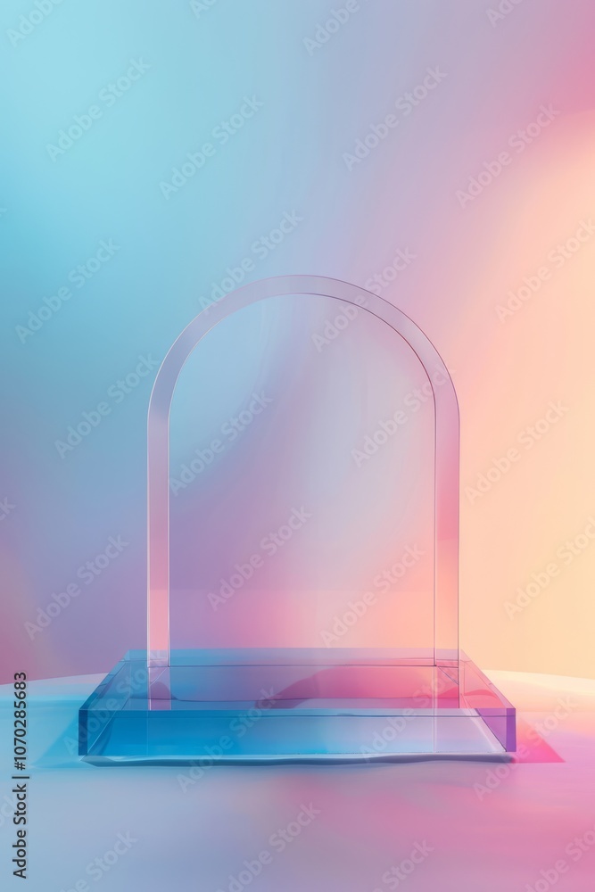 Transparent rectangular podium with a unique arched glass panel, set against a pastel blue and pink gradient background. Perfect for elegant and modern product displays Transparent rectangular podium with a unique arched glass panel, set against a pastel blue and pink gradient background. Perfect for elegant and modern product displays