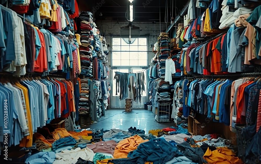 Fototapeta premium Piles of old clothes at volunteer donation center spot on dark background. Charity, help for people in need. Sustainability, zero waste poster. Clothing for humanitarian aid. Community help concept.