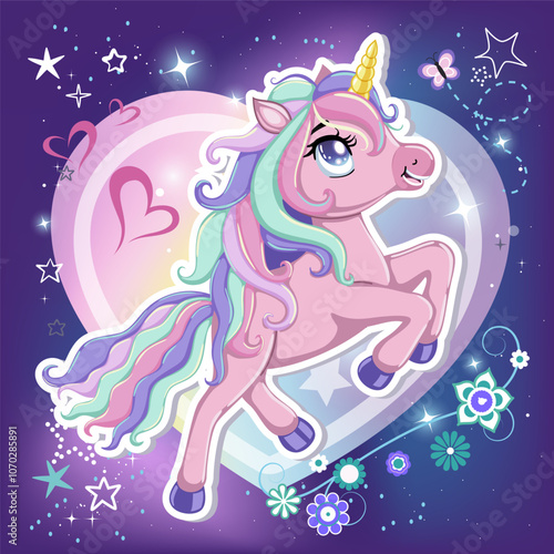 Cute unicorn with rainbow hair.