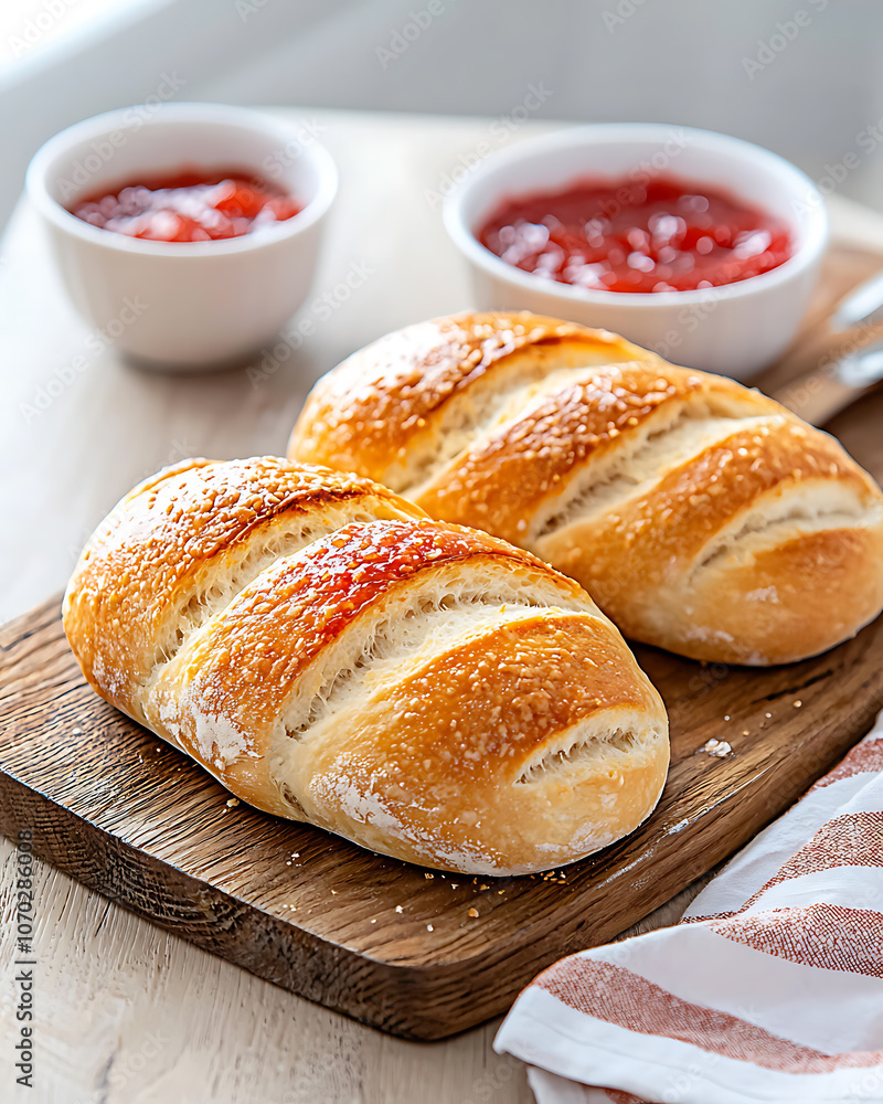 Savor the delight of freshly baked bread paired with sweet strawberry jam for a perfect breakfast treat Savor the delight of freshly baked bread paired with sweet strawberry jam for a perfect breakfast treat