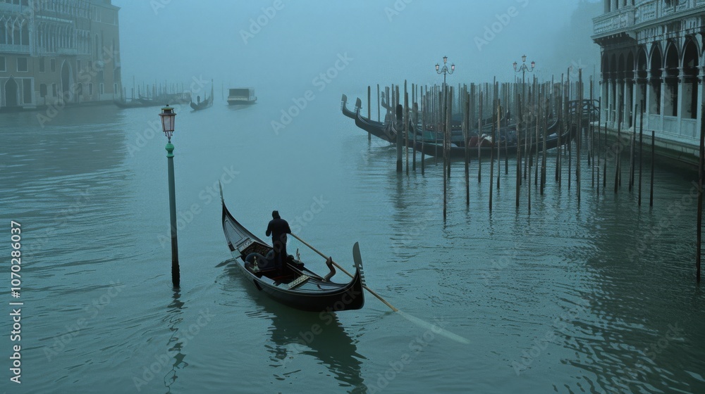 A lone gondolier navigates through a misty, quiet canal in Venice, evoking romance and timeless charm amidst historic architecture. A lone gondolier navigates through a misty, quiet canal in Venice, evoking romance and timeless charm amidst historic architecture.