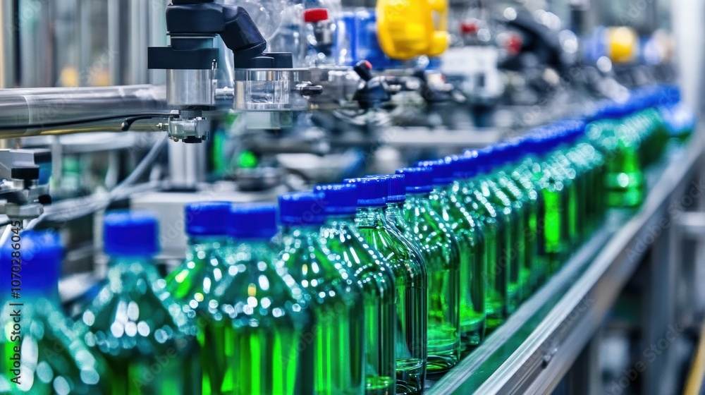 Panorama of a bottle production line at an automotive lubricant plant, with machinery on top and neatly lined rows of green and blue bottles in the center Panorama of a bottle production line at an automotive lubricant plant, with machinery on top and neatly lined rows of green and blue bottles in the center