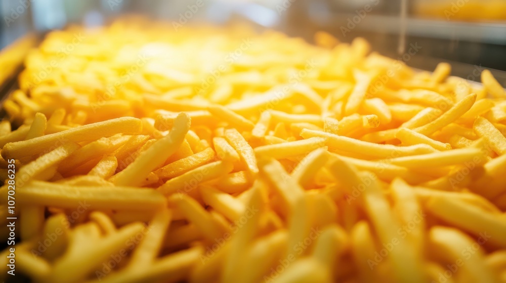 A pile of french fries in a restaurant. The fries are golden and crispy. Concept of abundance and indulgence, as the fries are piled high and appear to be freshly cooked A pile of french fries in a restaurant. The fries are golden and crispy. Concept of abundance and indulgence, as the fries are piled high and appear to be freshly cooked