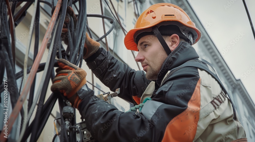 A construction worker in a hard hat skillfully manages a tangle of cables, focused and determined, amid the hustle of a bustling city setting. A construction worker in a hard hat skillfully manages a tangle of cables, focused and determined, amid the hustle of a bustling city setting.