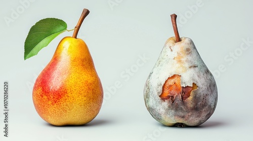 Contrast of a fresh pear and a decayed pear showcasing the cycle of ripeness and decay in a minimalist setting photo