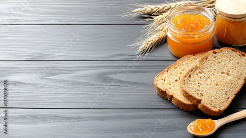 Delight in rustic brown bread slathered with zesty orange marmalade for a perfect breakfast photo