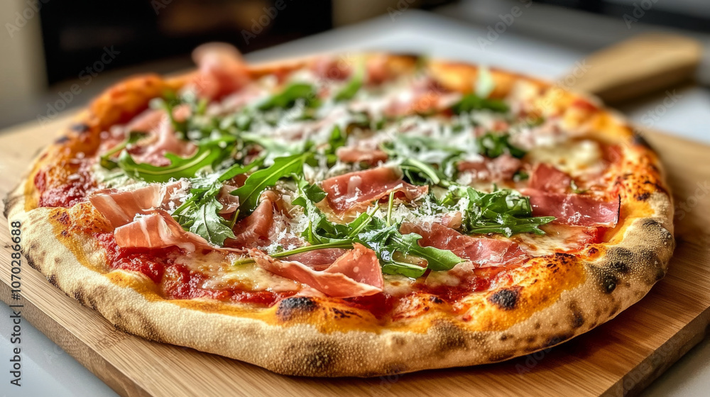 A gourmet pizza with a thin crust, topped with arugula, prosciutto, and shaved parmesan, fresh out of the oven. A gourmet pizza with a thin crust, topped with arugula, prosciutto, and shaved parmesan, fresh out of the oven.