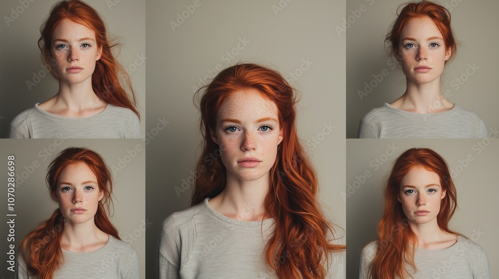 A series of portraits featuring a young red-haired woman with freckles, captured in natural light against a neutral background. A series of portraits featuring a young red-haired woman with freckles, captured in natural light against a neutral background.