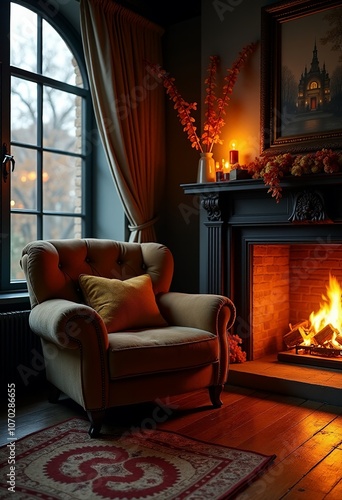 Autumn Serenity: A Cozy Armchair by the Fireplace Infused with Cyberpunk Neo-Noir Style