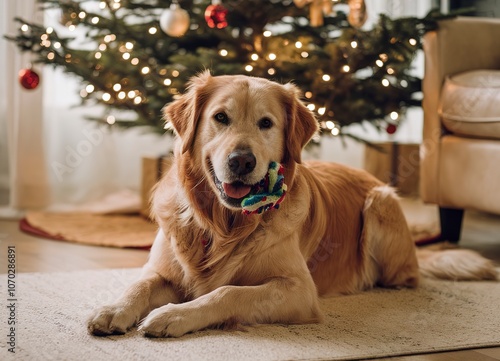 A golden retriever dog lying on a rug in front of a Christmas tree, with a toy in its mouth and a happy expression on its face