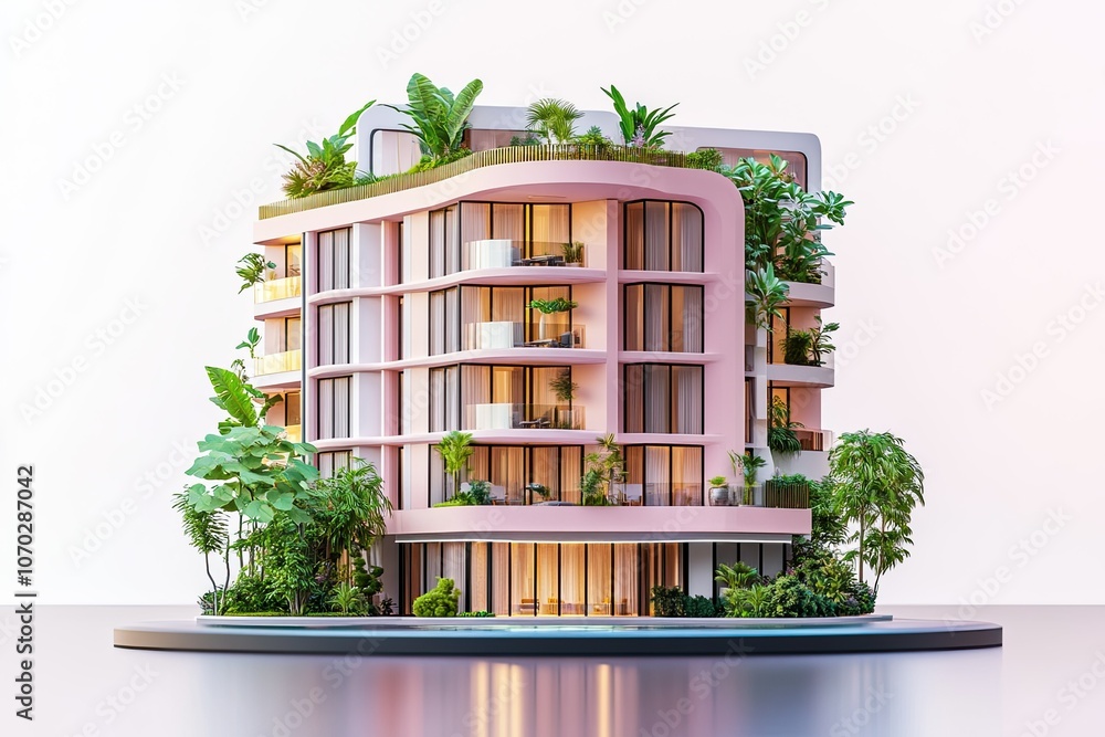 3d miniature pink and cream realistic vector luxury hotel side view with modern architecture and greenery plant and flowers 3d miniature pink and cream realistic vector luxury hotel side view with modern architecture and greenery plant and flowers