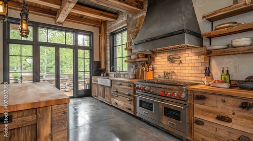 contemporary kitchen featuring oven warm wood accents