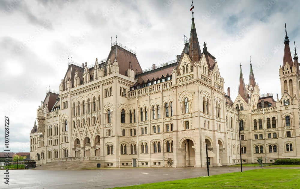 A grand, ornate neo-Gothic style building with a tall central spire and intricate architectural details A grand, ornate neo-Gothic style building with a tall central spire and intricate architectural details