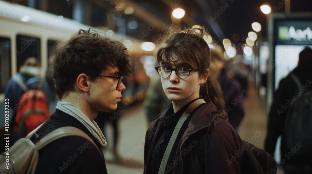 Fototapeta premium A young couple waits amid a bustling train station, captured in a moment of anticipation under the ambient glow of evening lights.