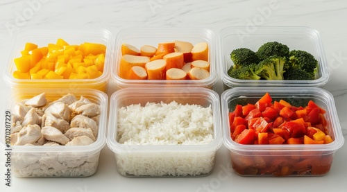 A variety of food items are arranged in six plastic containers, including rice, broccoli, carrots, and chicken. Concept of abundance and variety, as well as the idea of healthy eating