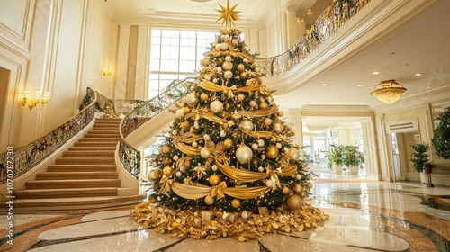 A large, elegant Christmas tree with gold ribbons and a star on top. photo