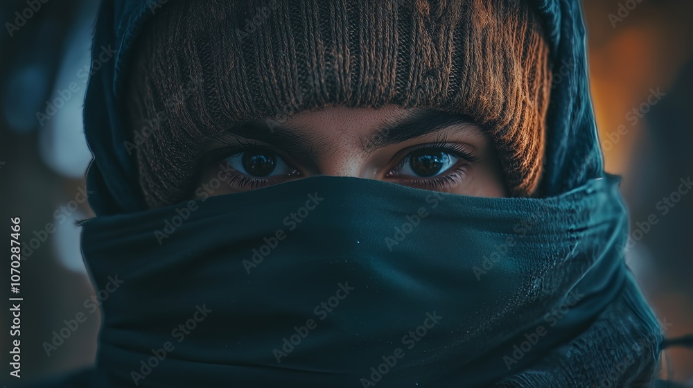 Close-up of a person's eyes wrapped in a warm scarf and beanie, conveying mystery and winter warmth. Close-up of a person's eyes wrapped in a warm scarf and beanie, conveying mystery and winter warmth.